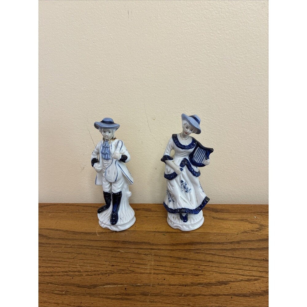 Vintage Victorian Figurines Mandolin Man & Harp Woman Porcelain About 6.5 X 2”